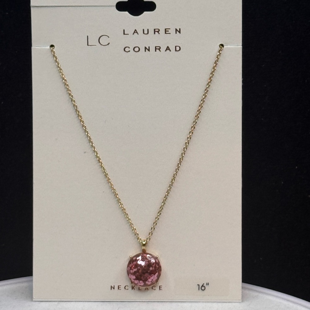 LC Lauren Conrad Gold Tone Pink Sparkle Pendant Necklace & Earring Set